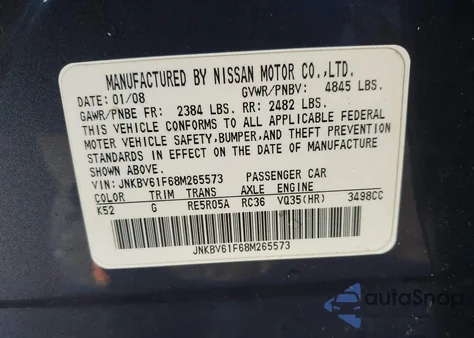 2008 Infiniti G35X from USA, damaged, VIN JNKBV61F68M265573